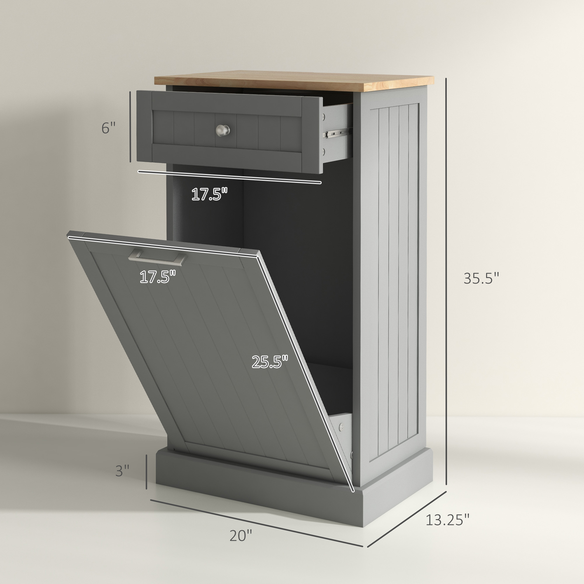 Tilt Out Trash Can Cabinet With Drawer, Gray Beadboard, Wood Top, view 2