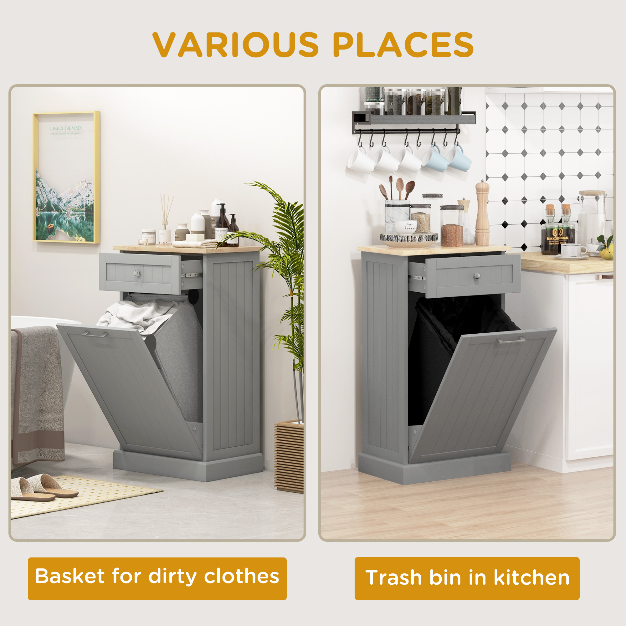 Tilt Out Trash Can Cabinet With Drawer, Gray Beadboard, Wood Top, view 4