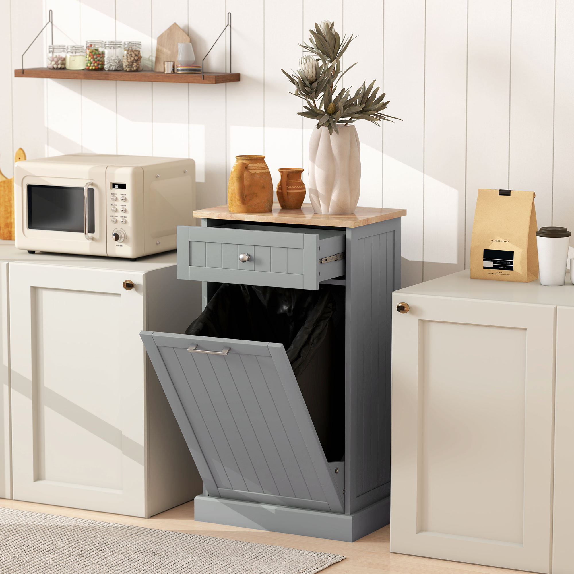 Tilt Out Trash Can Cabinet With Drawer, Gray Beadboard, Wood Top