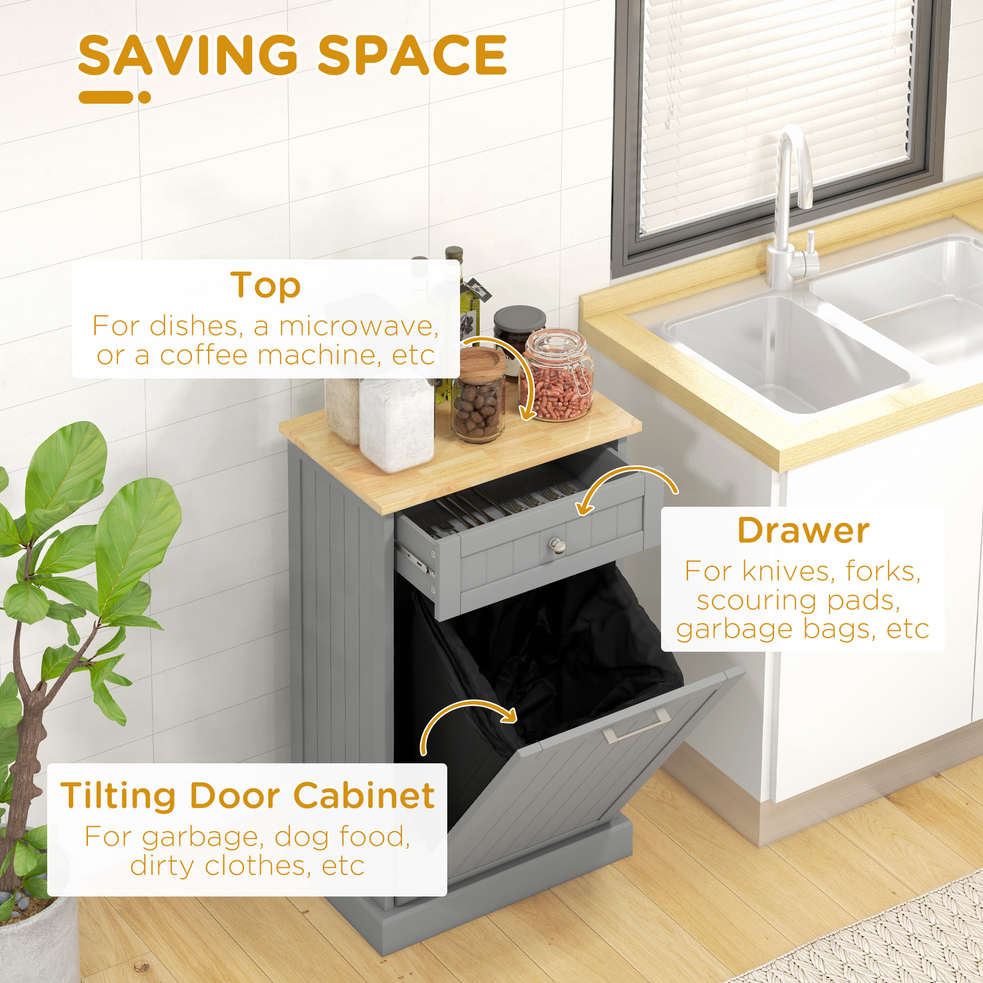 Tilt Out Trash Can Cabinet With Drawer, Gray Beadboard, Wood Top, view 5