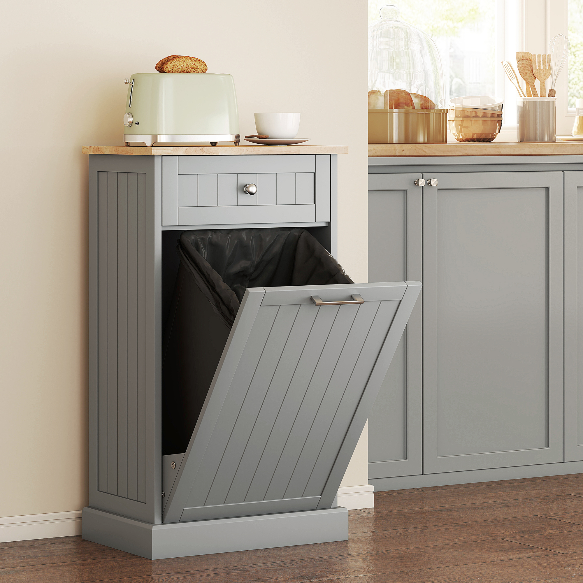 Tilt Out Trash Can Cabinet With Drawer, Gray Beadboard, Wood Top, view 6