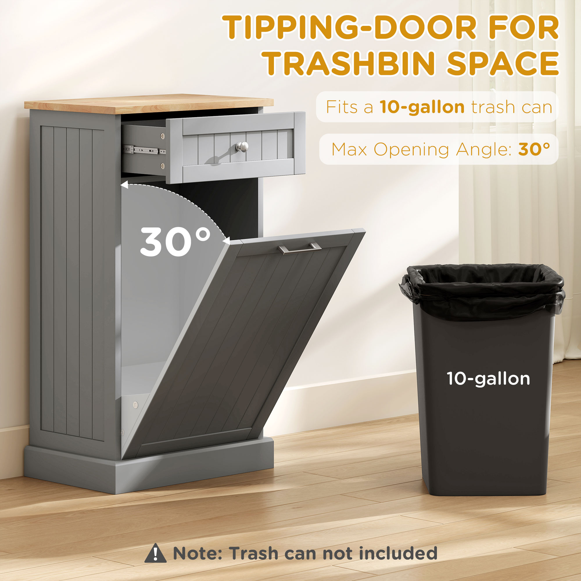 Tilt Out Trash Can Cabinet With Drawer, Gray Beadboard, Wood Top, view 7