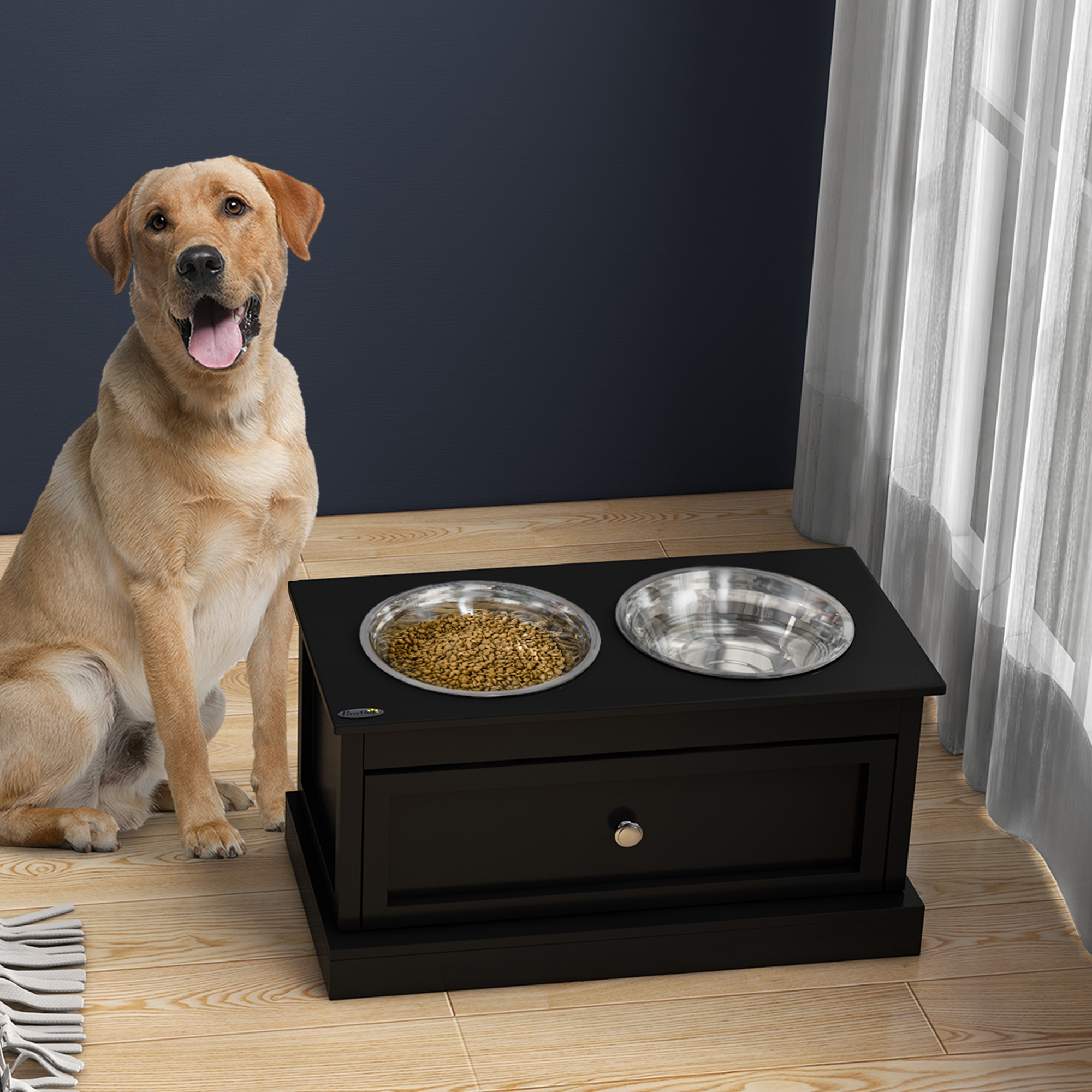 Elevated Dog Feeding Station with Storage Drawer & 2 Steel Bowls, view 2