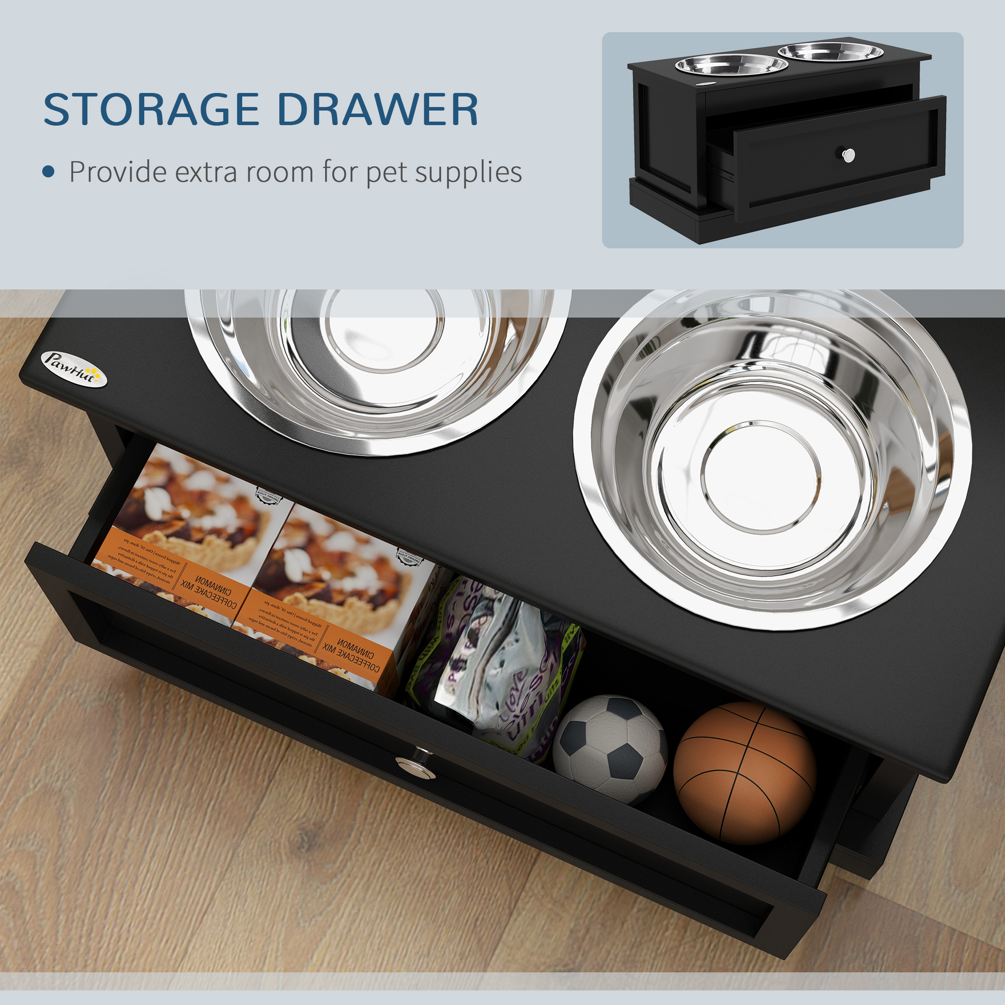 Elevated Dog Feeding Station with Storage Drawer & 2 Steel Bowls