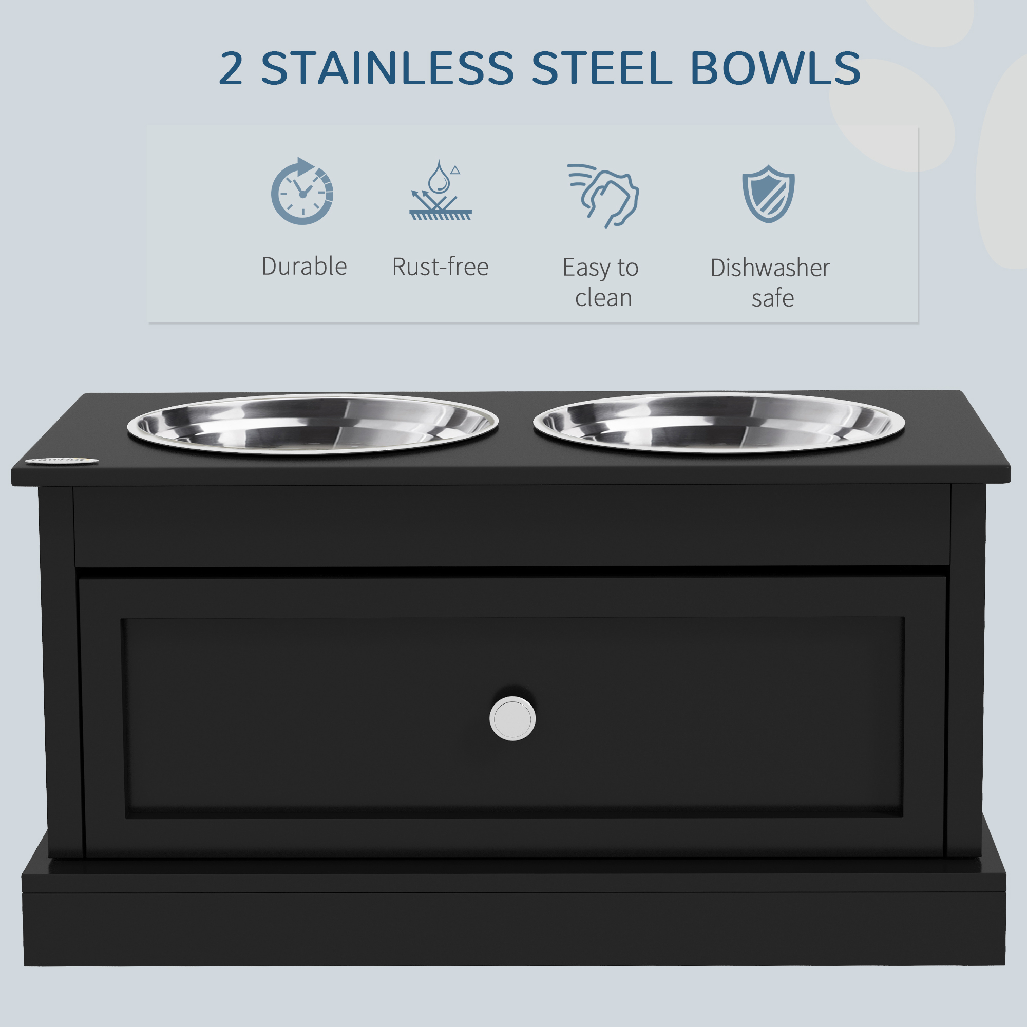 Elevated Dog Feeding Station with Storage Drawer & 2 Steel Bowls, view 7