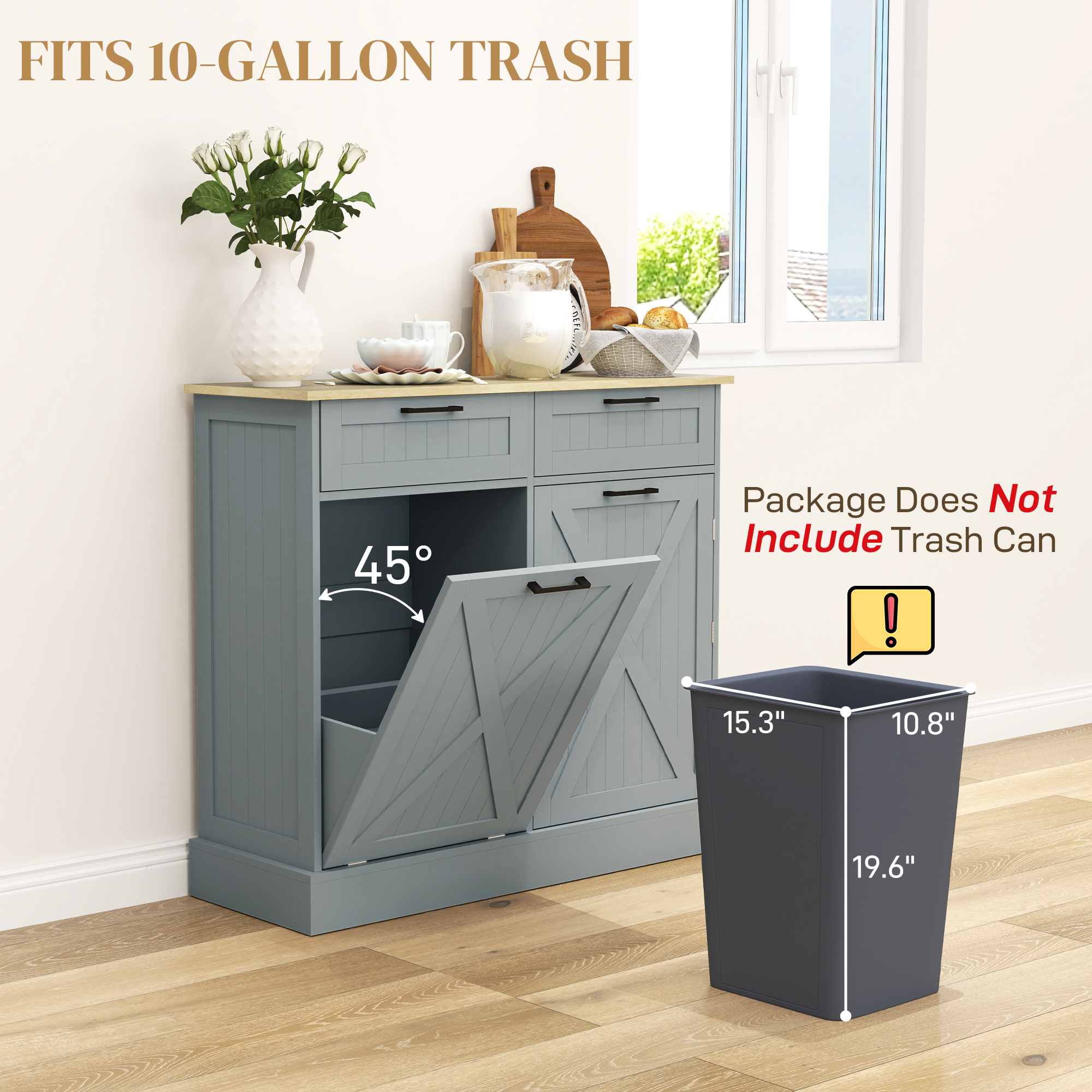 Kitchen Home Tilt-Out Trash Can Cabinet with 2 Drawers & 3-Tier Spice Rack, Gray, view 2