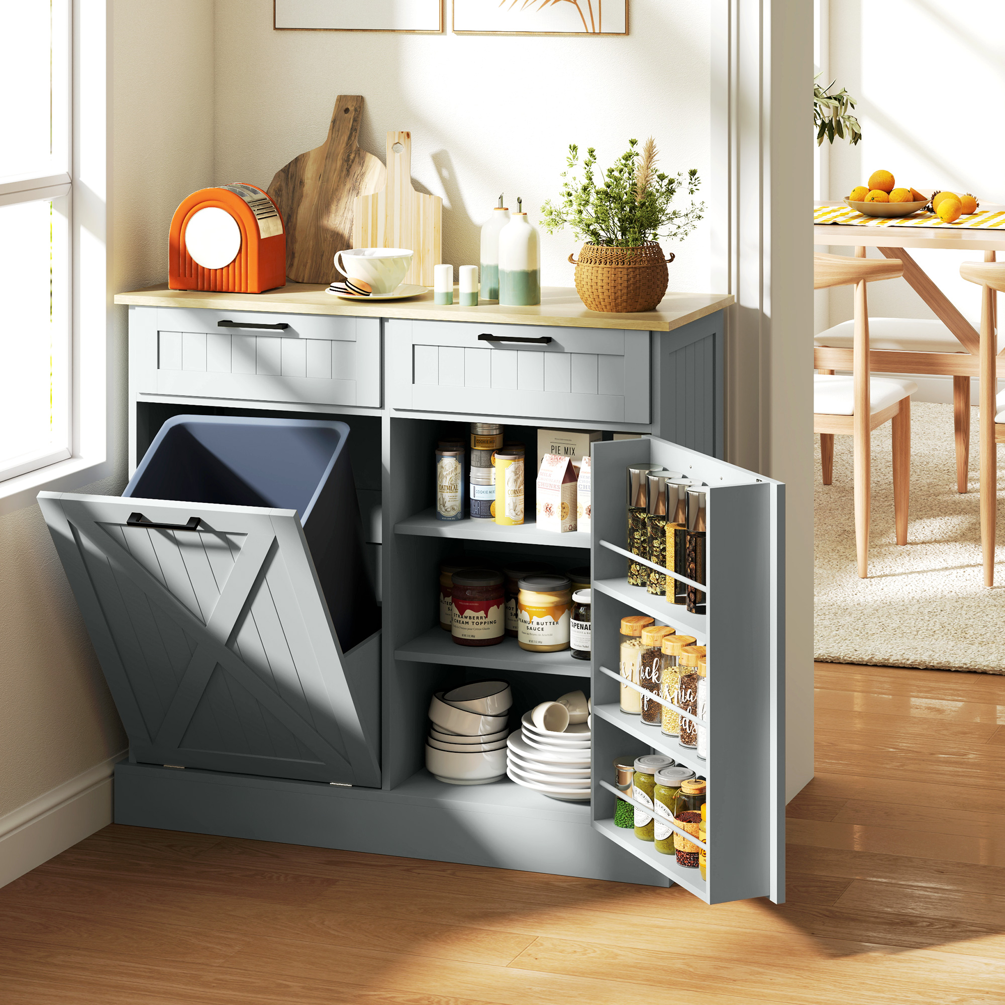 Kitchen Home Tilt-Out Trash Can Cabinet with 2 Drawers & 3-Tier Spice Rack, Gray