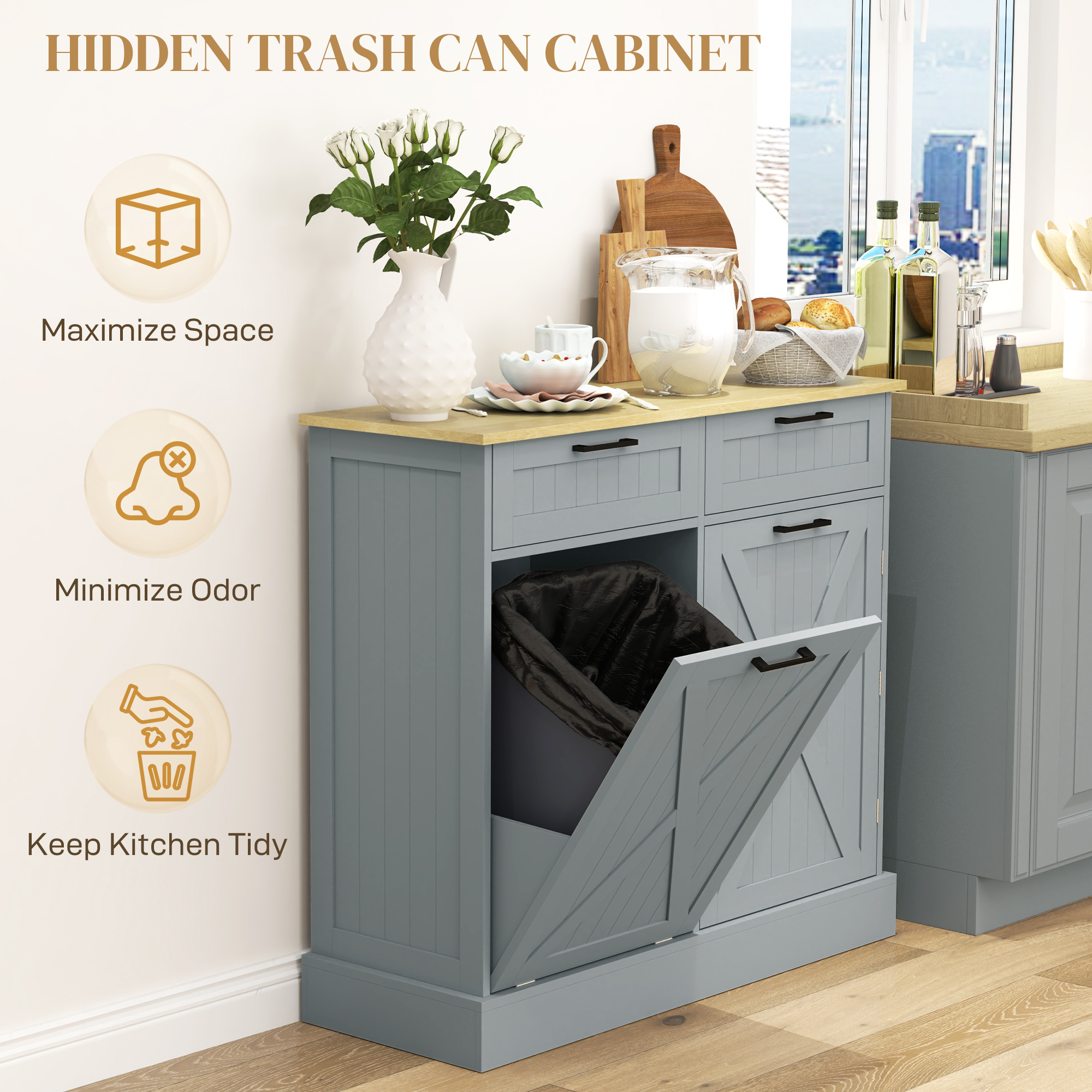 Kitchen Home Tilt-Out Trash Can Cabinet with 2 Drawers & 3-Tier Spice Rack, Gray, view 4