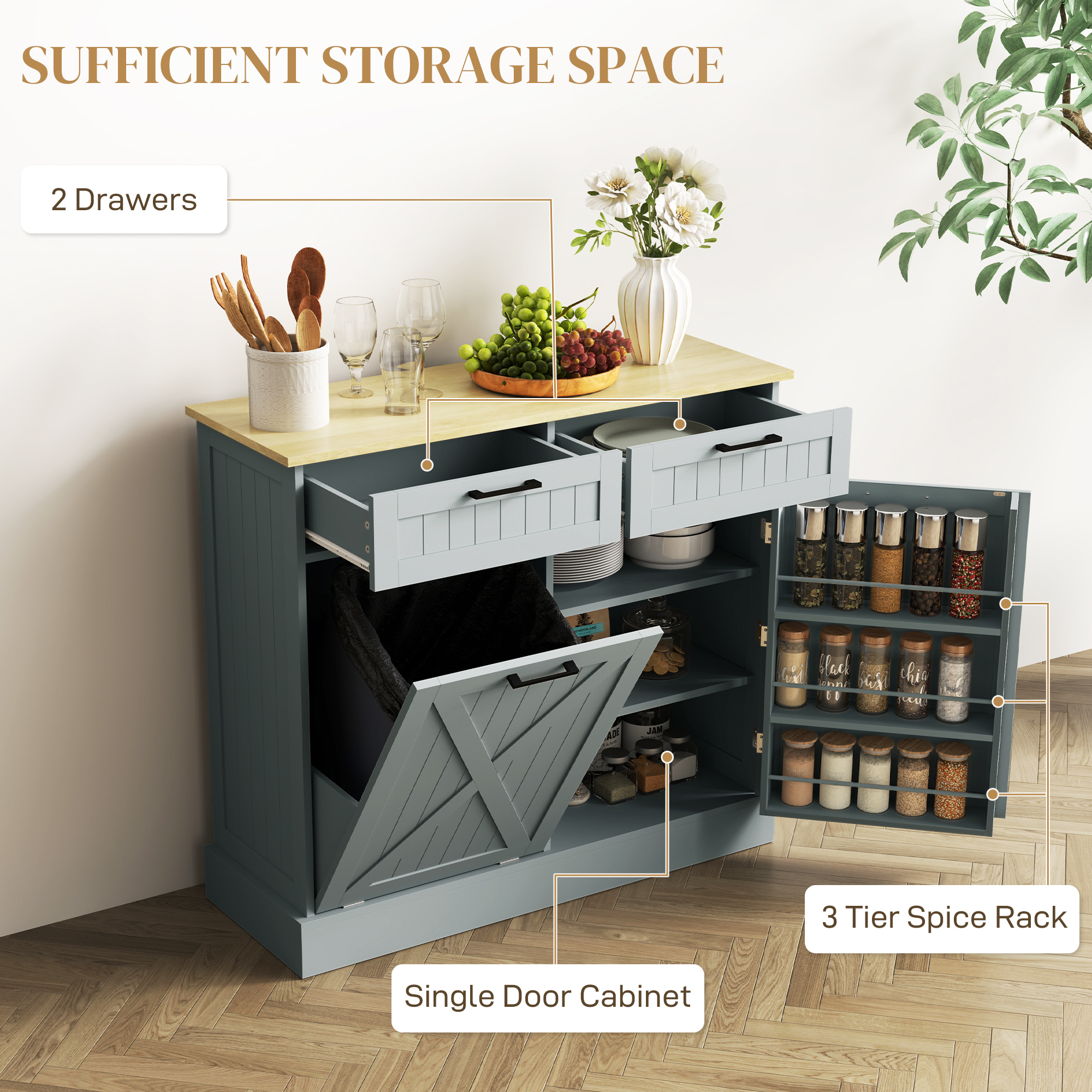 Kitchen Home Tilt-Out Trash Can Cabinet with 2 Drawers & 3-Tier Spice Rack, Gray, view 3