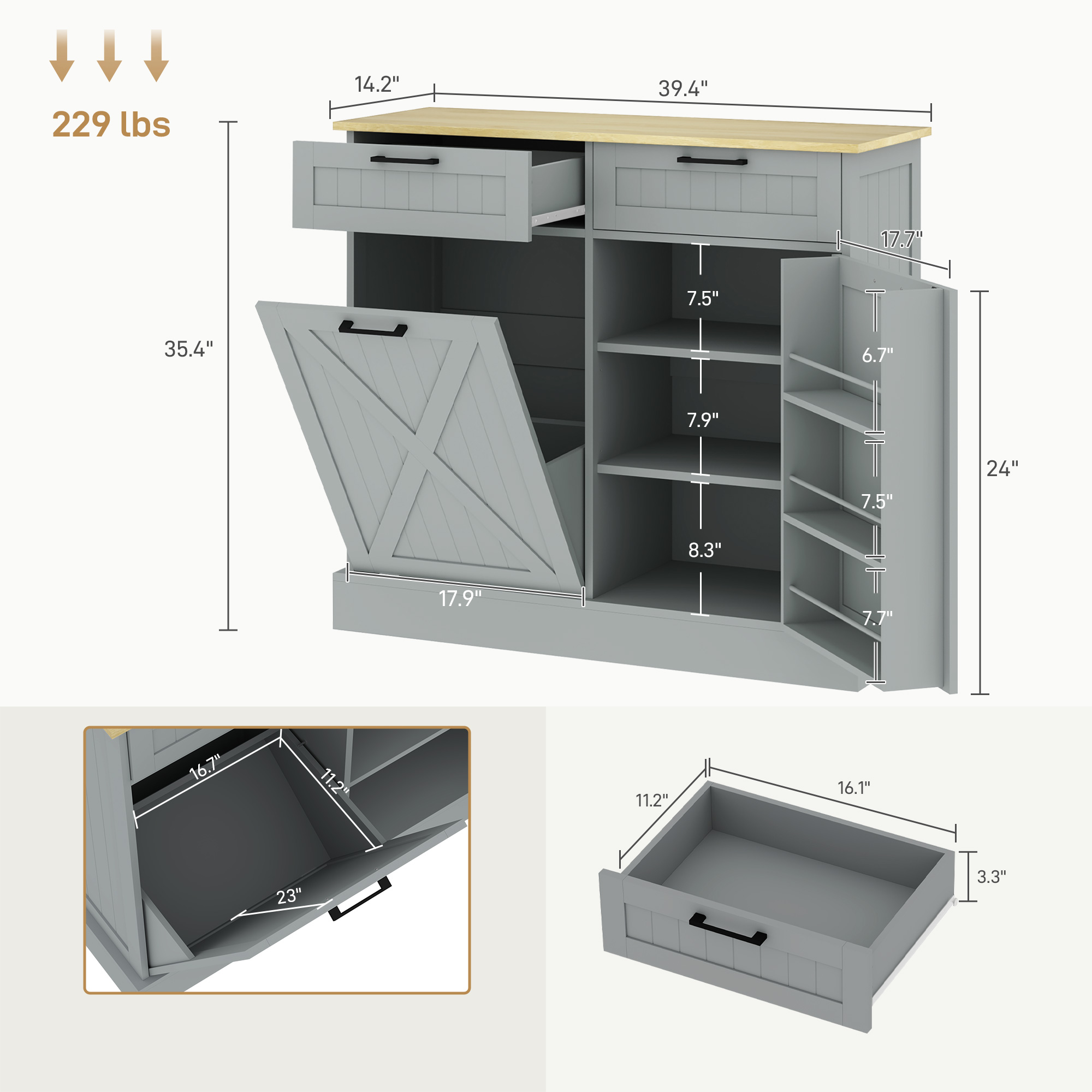 Kitchen Home Tilt-Out Trash Can Cabinet with 2 Drawers & 3-Tier Spice Rack, Gray, view 5