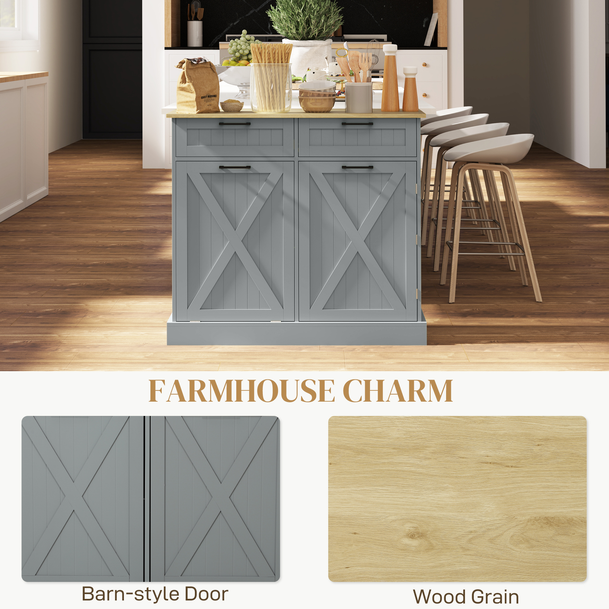 Kitchen Home Tilt-Out Trash Can Cabinet with 2 Drawers & 3-Tier Spice Rack, Gray, view 6