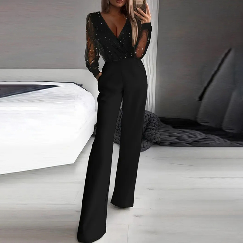 Sequin Mesh Bodice Wide-Leg Women's Jumpsuit — Black Evening One-Piece, view 2