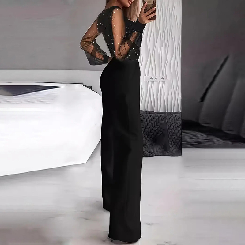 Sequin Mesh Bodice Wide-Leg Women's Jumpsuit — Black Evening One-Piece, view 3