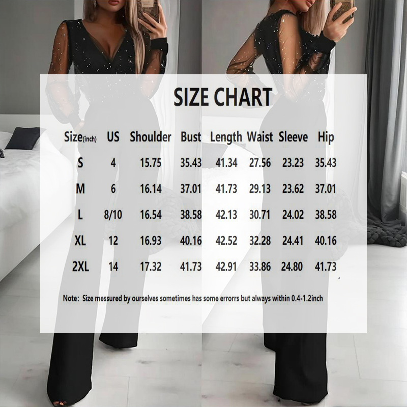 Sequin Mesh Bodice Wide-Leg Women's Jumpsuit — Black Evening One-Piece, view 4