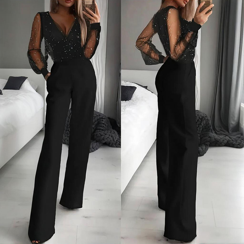 Sequin Mesh Bodice Wide-Leg Women's Jumpsuit — Black Evening One-Piece