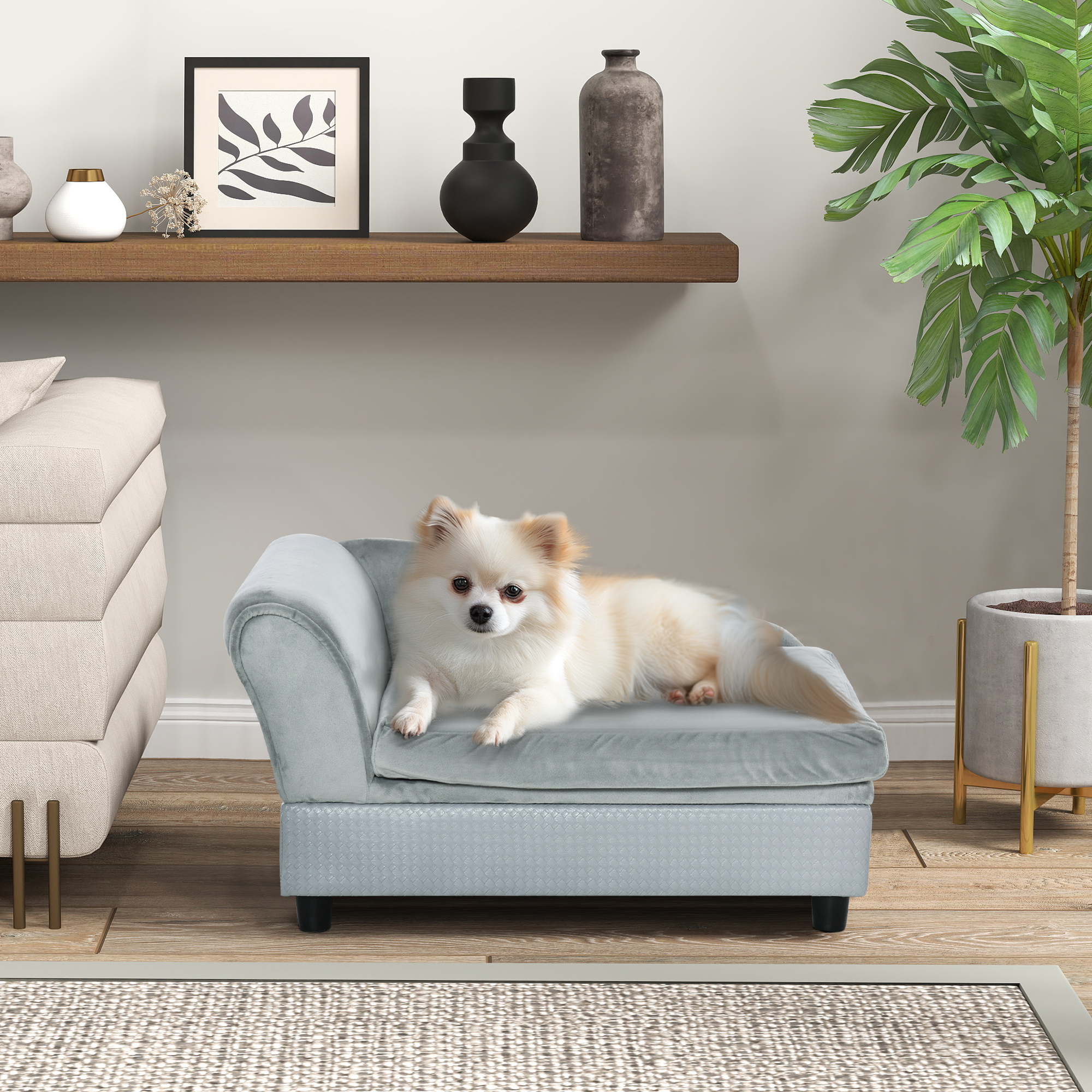 Pale Gray Velvet Pet Sofa Bed With Hidden 23L Storage Compartment