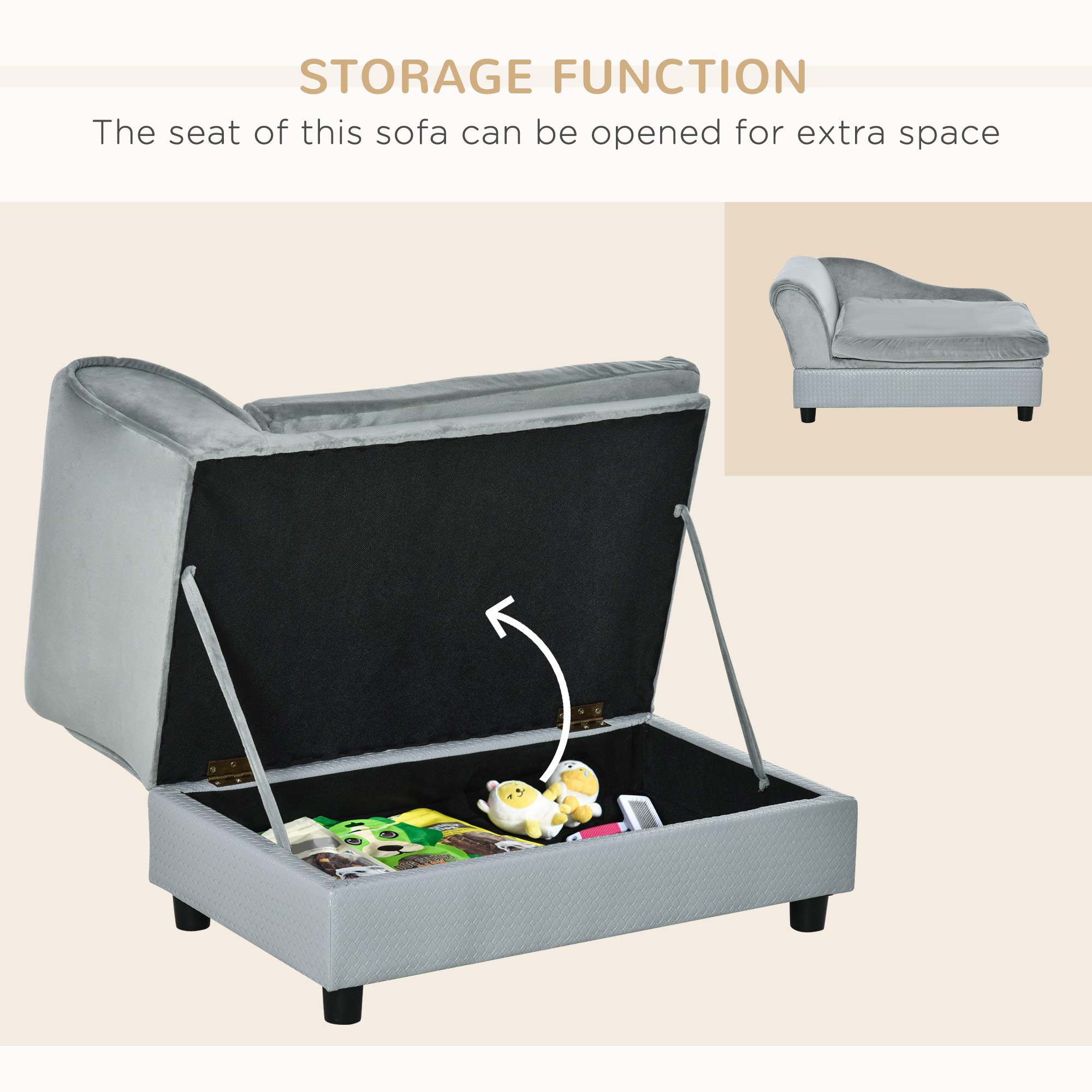 Pale Gray Velvet Pet Sofa Bed With Hidden 23L Storage Compartment, view 2