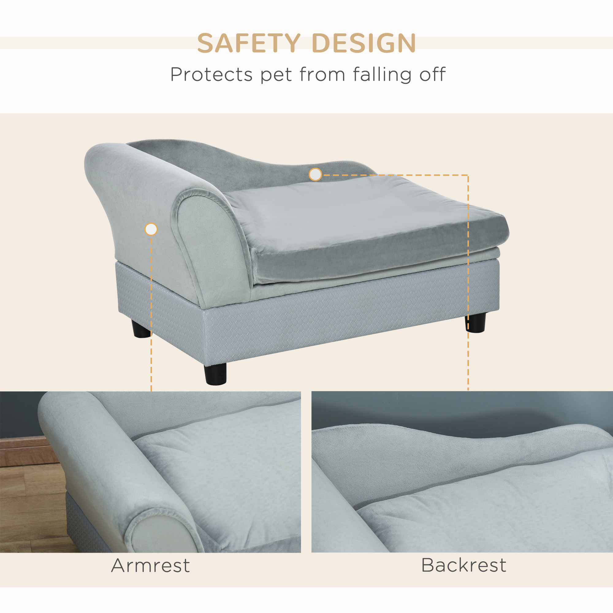 Pale Gray Velvet Pet Sofa Bed With Hidden 23L Storage Compartment, view 4