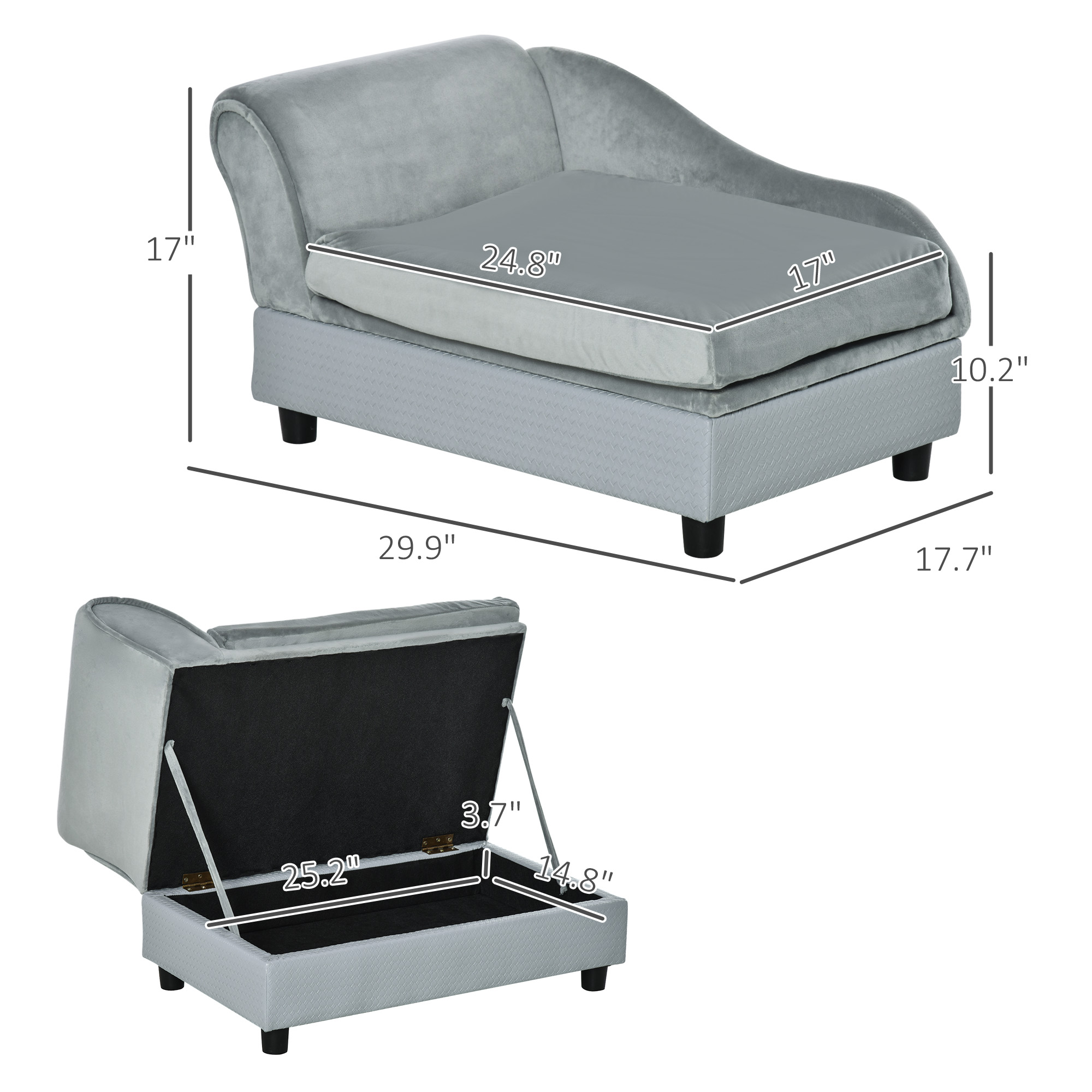 Pale Gray Velvet Pet Sofa Bed With Hidden 23L Storage Compartment, view 6