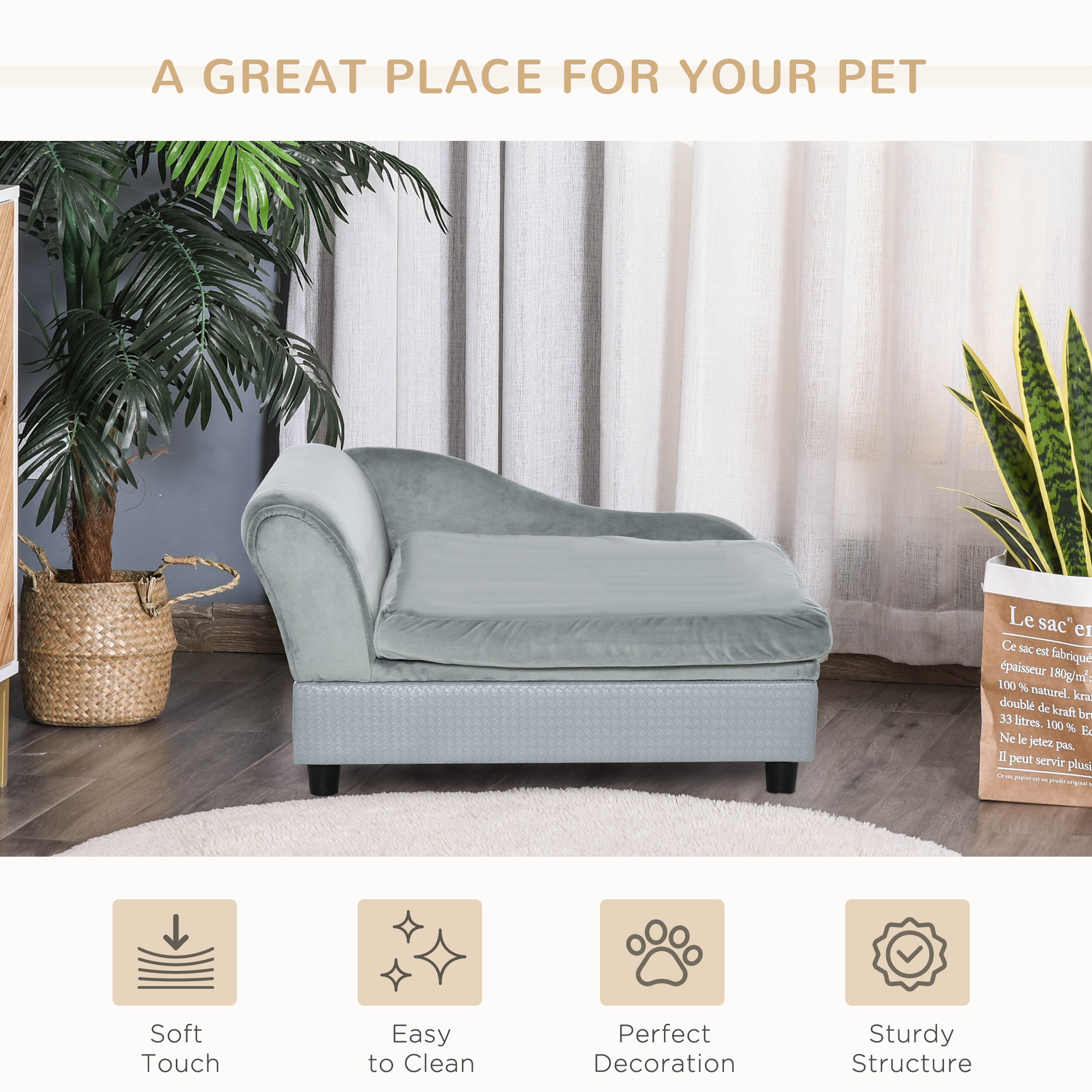 Pale Gray Velvet Pet Sofa Bed With Hidden 23L Storage Compartment, view 7