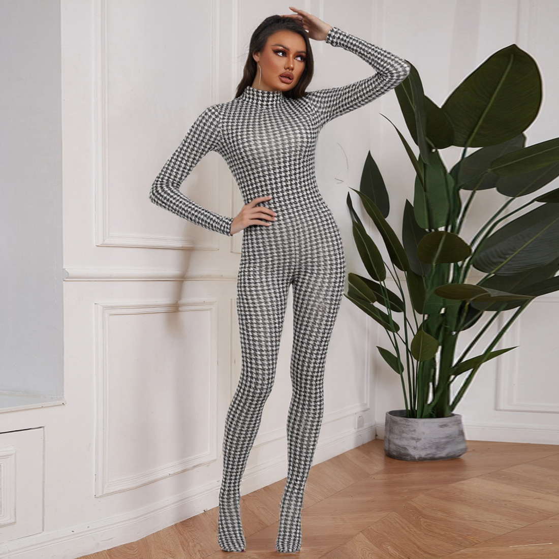 Women's High‑Waist Printed Jumpsuit – Long Sleeve, Slim Fit, view 4