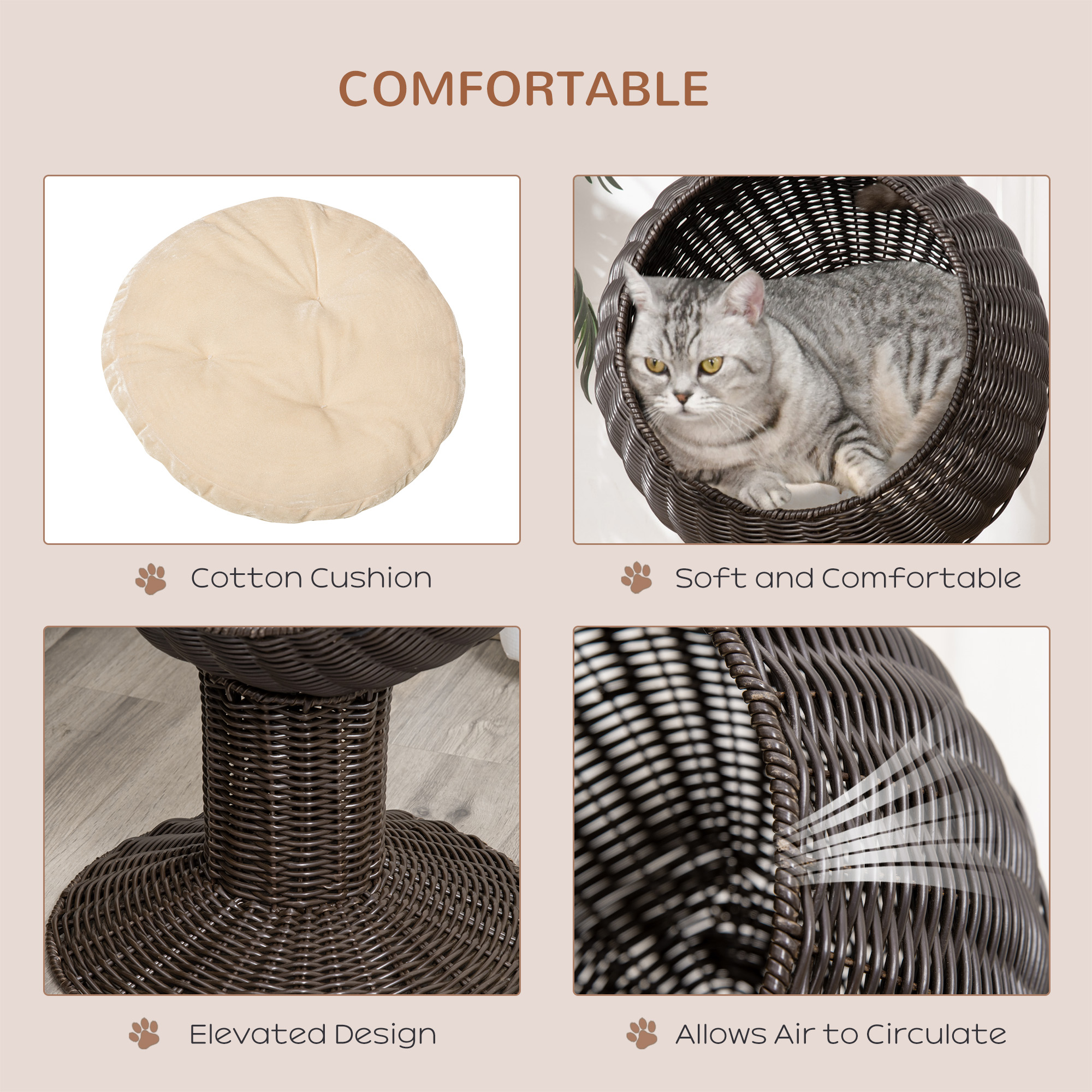 Elevated Woven Cat Bed — Rotating Egg Pod on Pedestal Base, Coffee, view 5