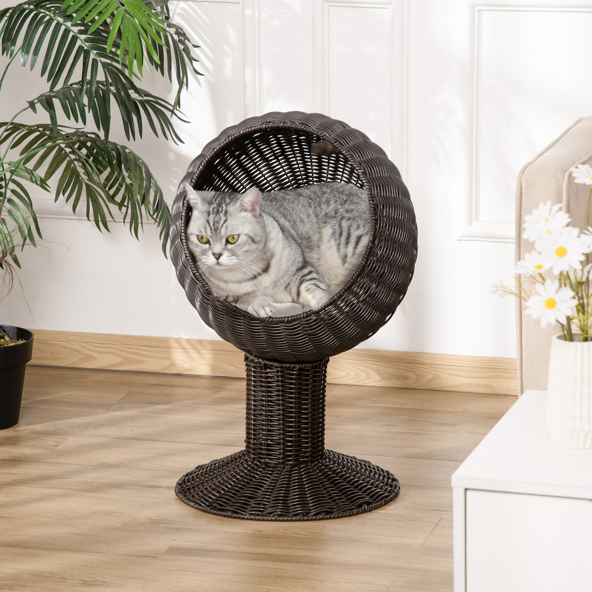 Elevated Woven Cat Bed — Rotating Egg Pod on Pedestal Base, Coffee