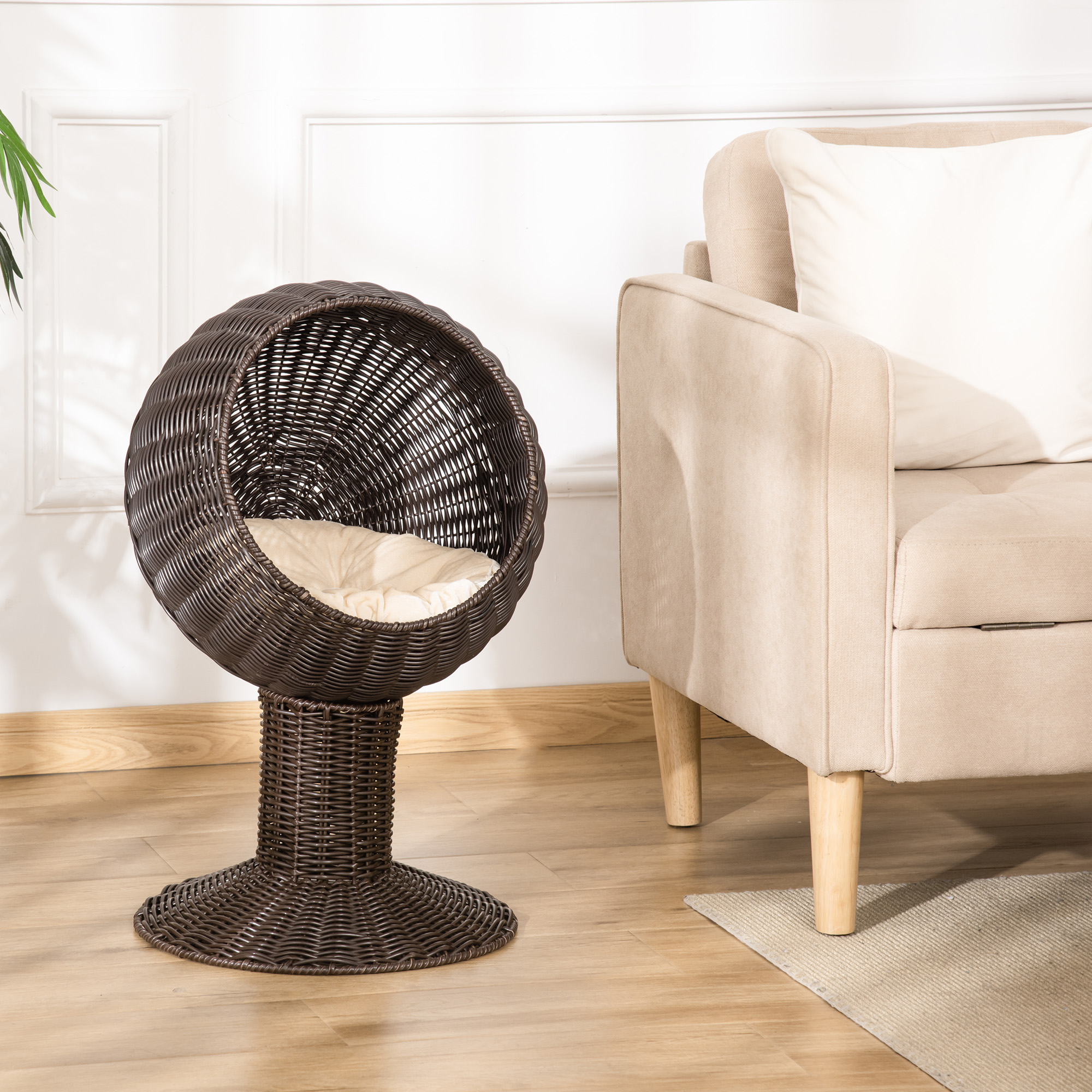 Elevated Woven Cat Bed — Rotating Egg Pod on Pedestal Base, Coffee, view 2