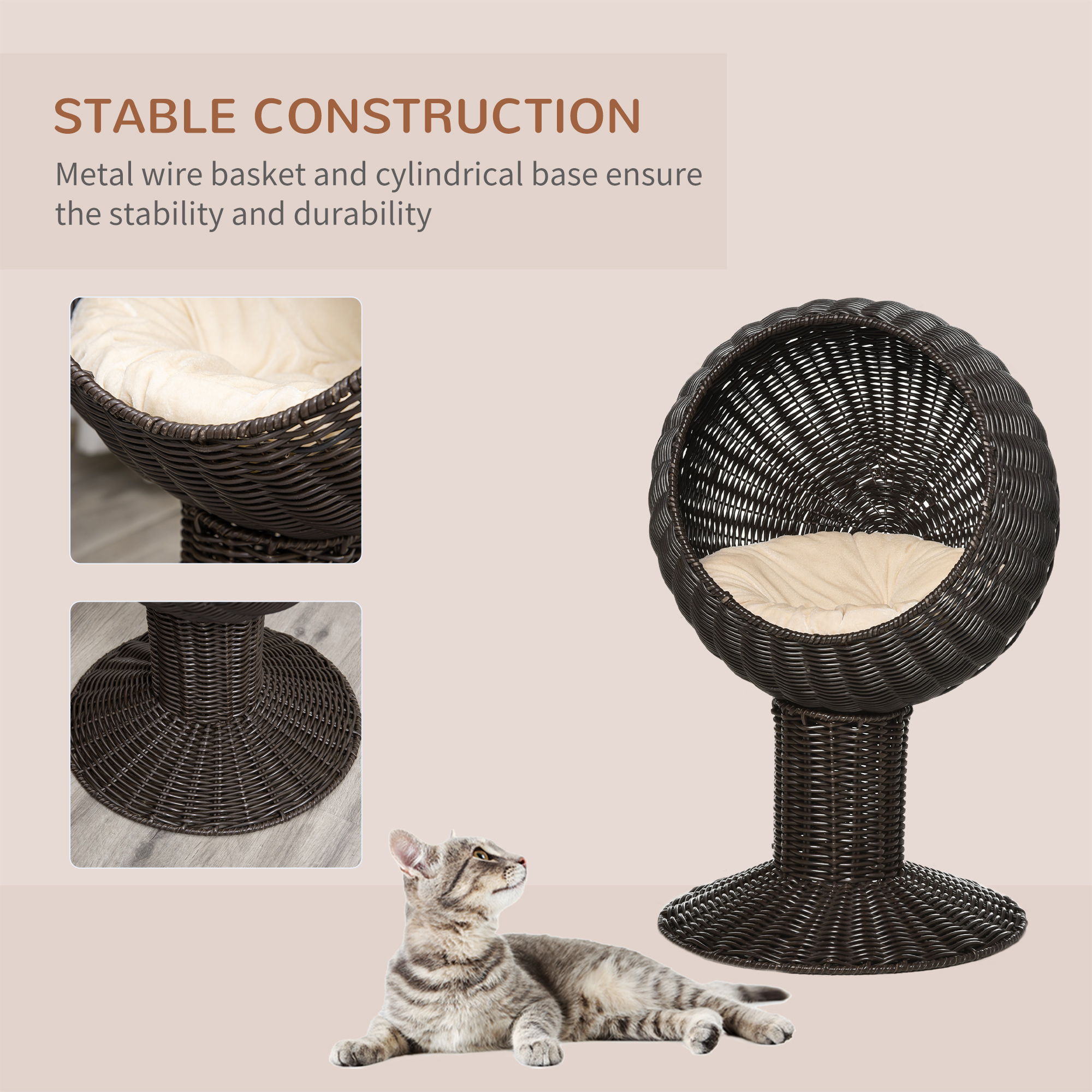 Elevated Woven Cat Bed — Rotating Egg Pod on Pedestal Base, Coffee, view 6