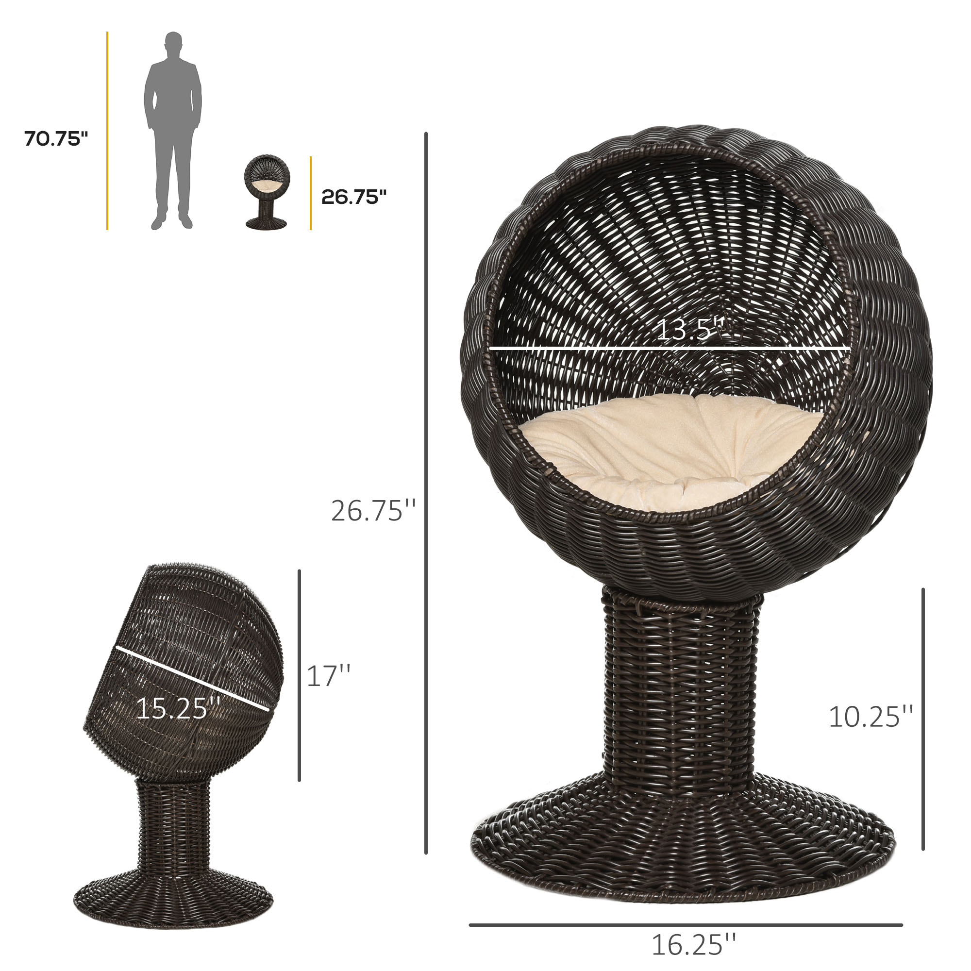 Elevated Woven Cat Bed — Rotating Egg Pod on Pedestal Base, Coffee, view 3