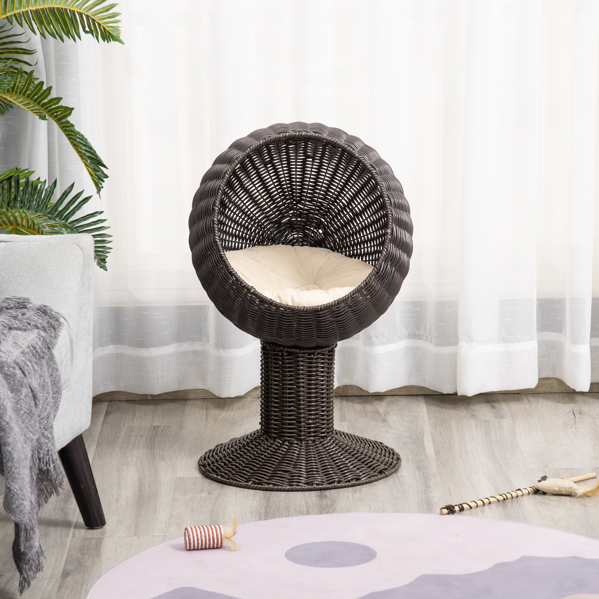 Elevated Woven Cat Bed — Rotating Egg Pod on Pedestal Base, Coffee, view 4