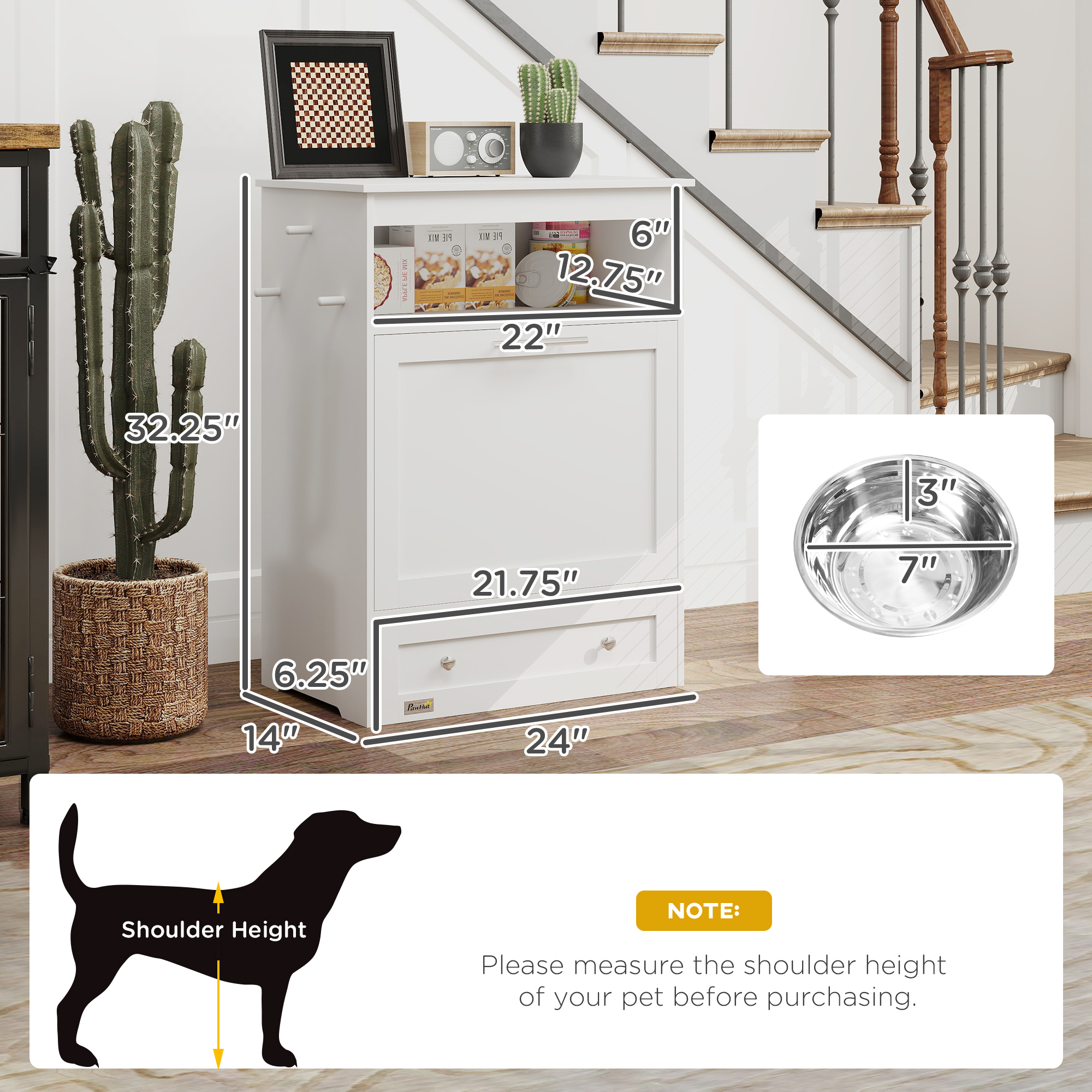 PawHut Pet Feeding Station Cabinet, Elevated Stainless Steel Bowls, White, view 3