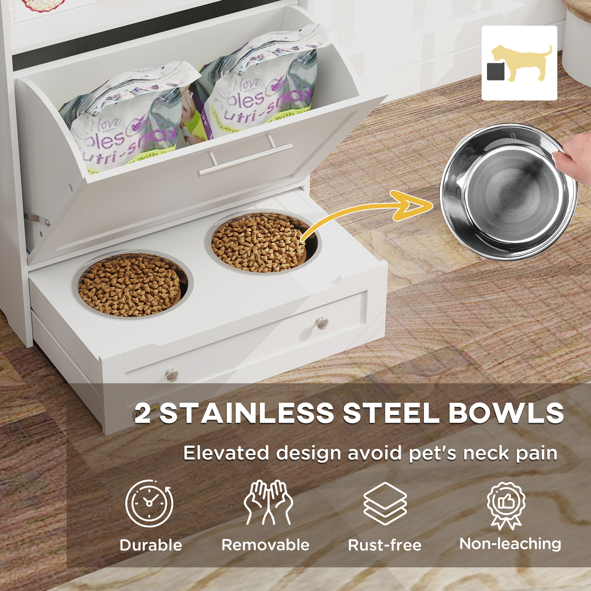 PawHut Pet Feeding Station Cabinet, Elevated Stainless Steel Bowls, White, view 5