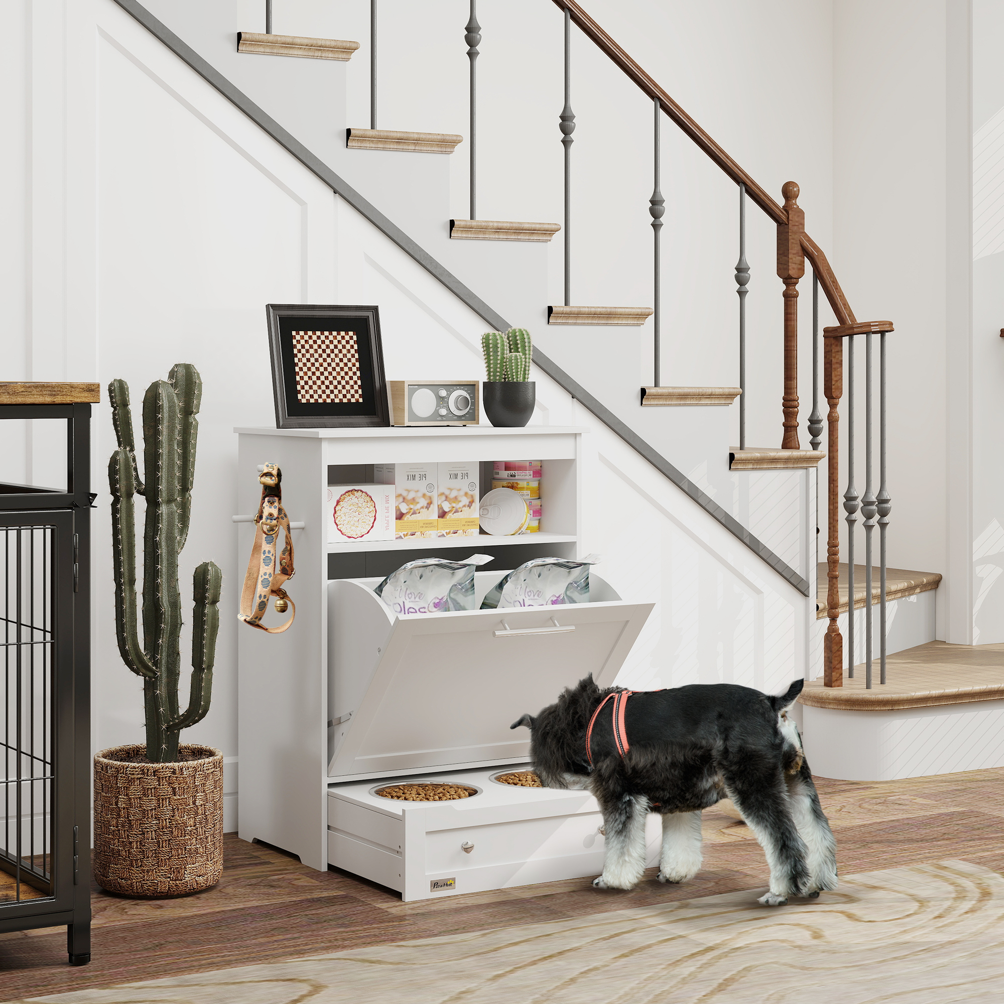 PawHut Pet Feeding Station Cabinet, Elevated Stainless Steel Bowls, White, view 6