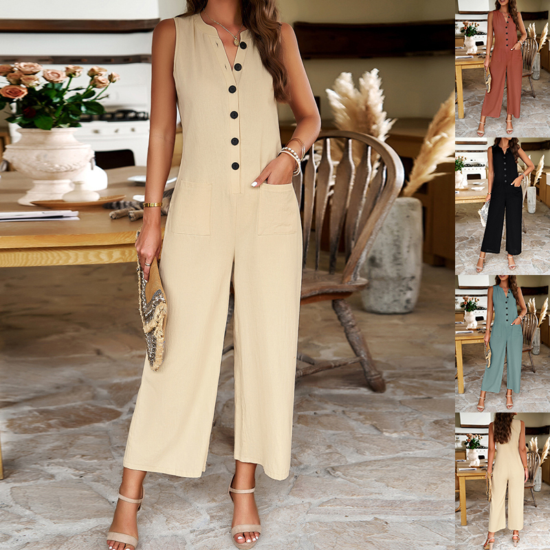 Sleeveless Cotton-Linen Women's Jumpsuit — Button Front, Cropped Wide Leg, view 2