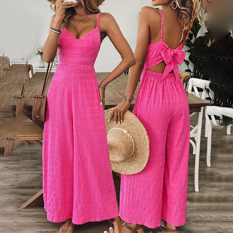 Fuchsia Textured Wide-Leg Jumpsuit With Open Back Bow Tie