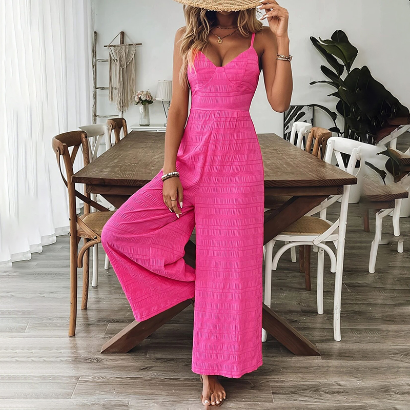 Fuchsia Textured Wide-Leg Jumpsuit With Open Back Bow Tie, view 5
