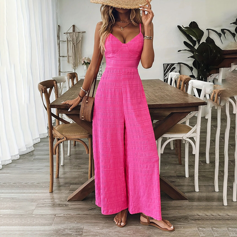 Fuchsia Textured Wide-Leg Jumpsuit With Open Back Bow Tie, view 6