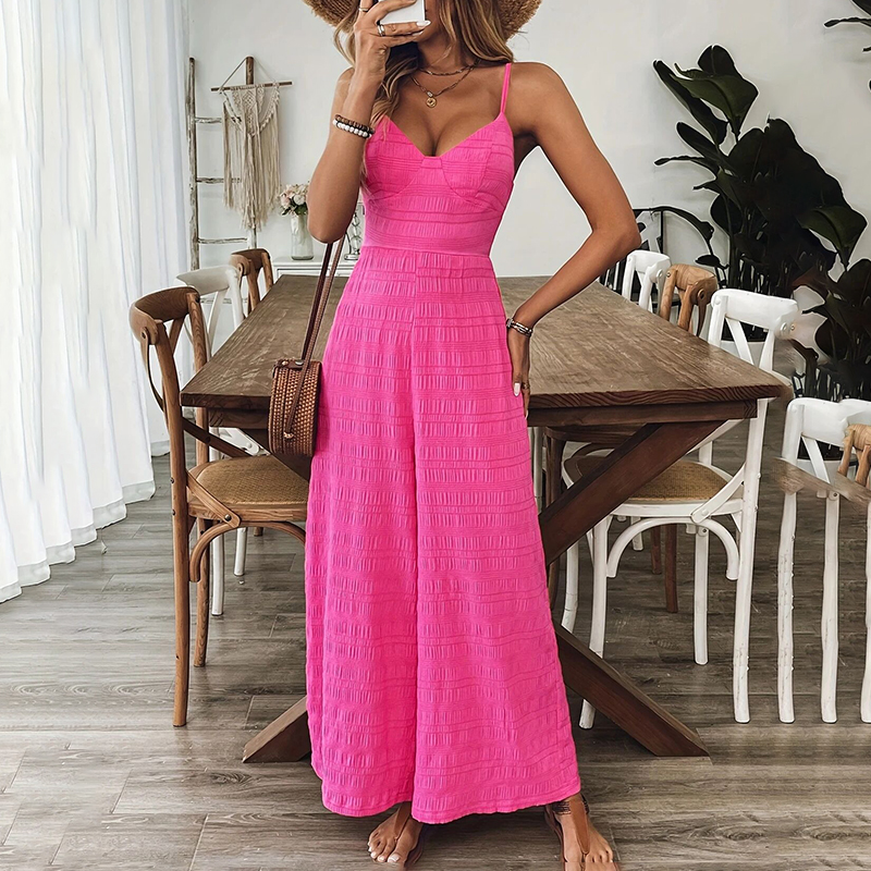 Fuchsia Textured Wide-Leg Jumpsuit With Open Back Bow Tie, view 7