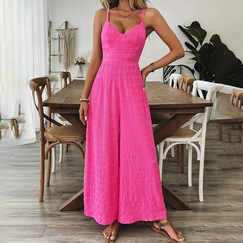 Fuchsia Textured Wide-Leg Jumpsuit With Open Back Bow Tie, view 2