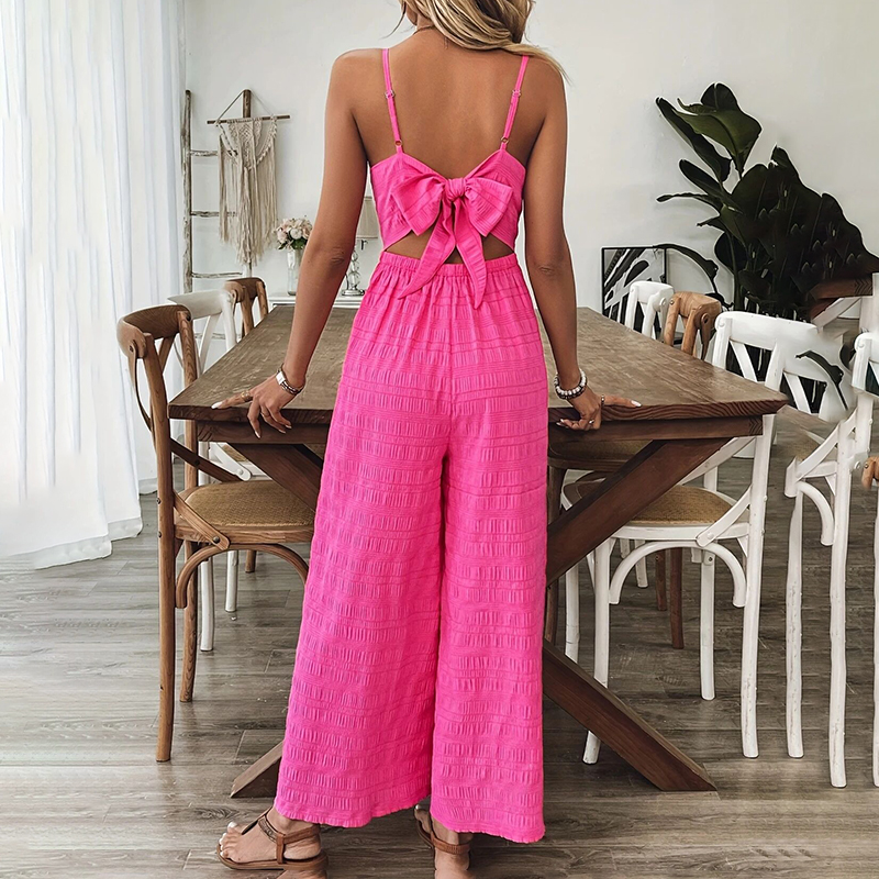 Fuchsia Textured Wide-Leg Jumpsuit With Open Back Bow Tie, view 8