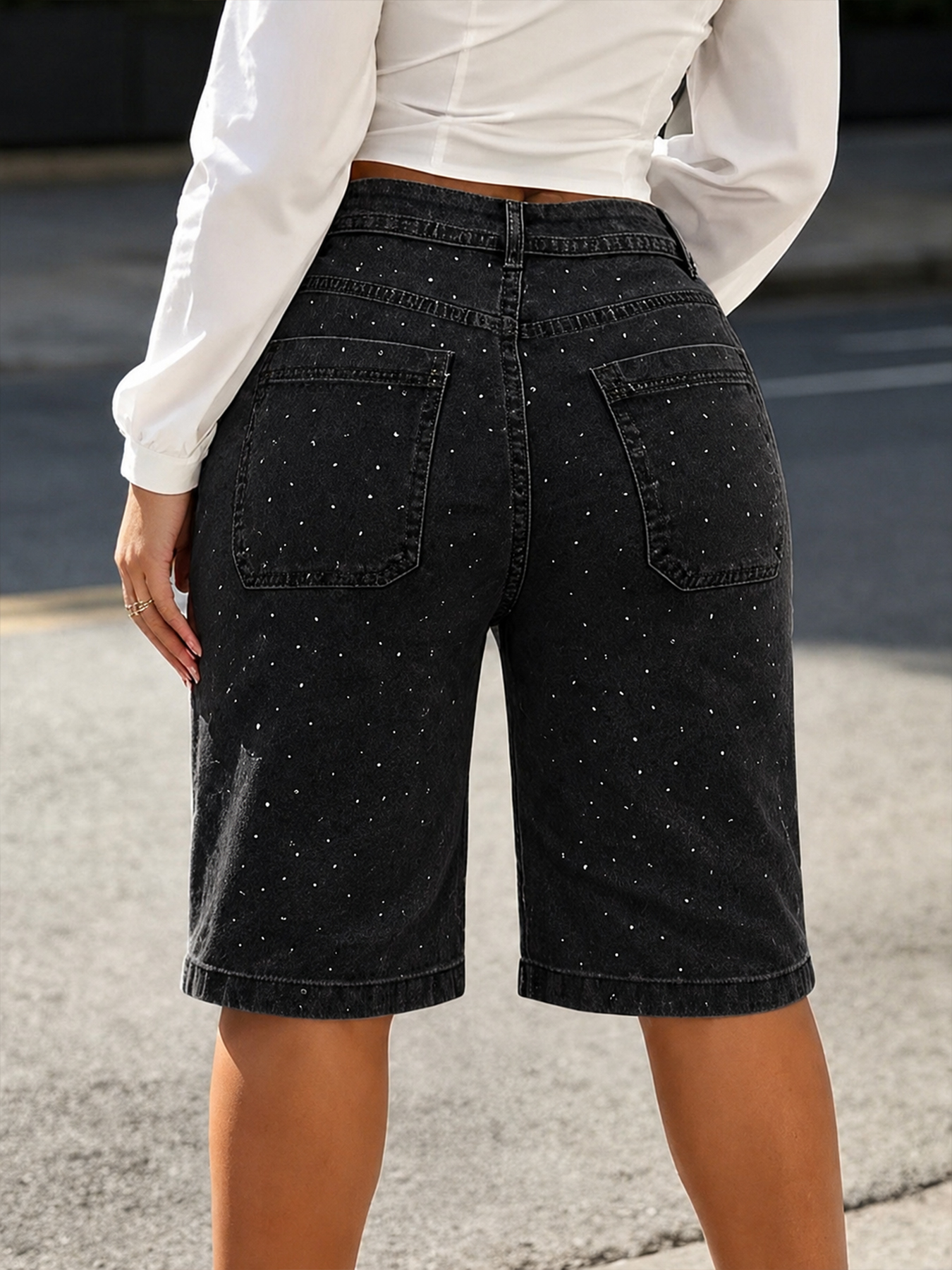Rhinestone-Embellished Black Denim Bermuda Women's Shorts – High Waist with Tie Belt, view 3