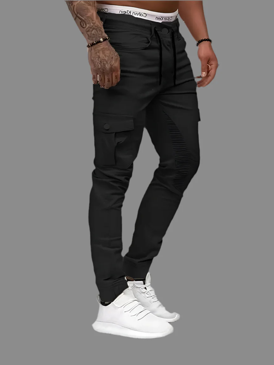 Men's Black Stretch Cargo Joggers — Flap & Zip Pockets, Cuffed Hem, view 4
