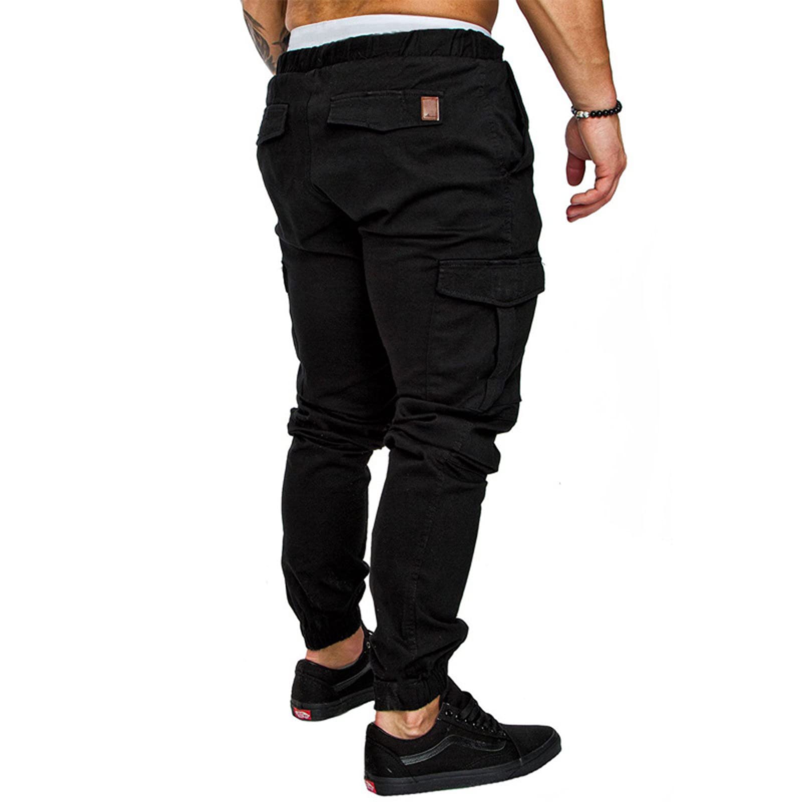 Men's Black Stretch Cargo Joggers — Flap & Zip Pockets, Cuffed Hem, view 5