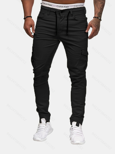 Men's Black Stretch Cargo Joggers — Flap & Zip Pockets, Cuffed Hem, view 6