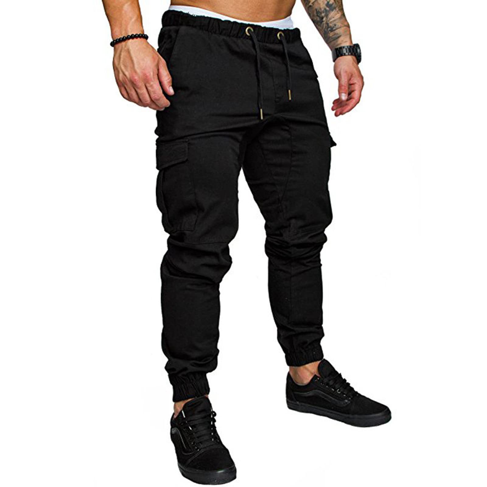 Men's Black Stretch Cargo Joggers — Flap & Zip Pockets, Cuffed Hem, view 7