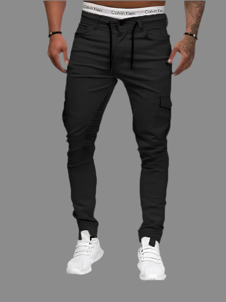 Men's Black Stretch Cargo Joggers — Flap & Zip Pockets, Cuffed Hem, view 8