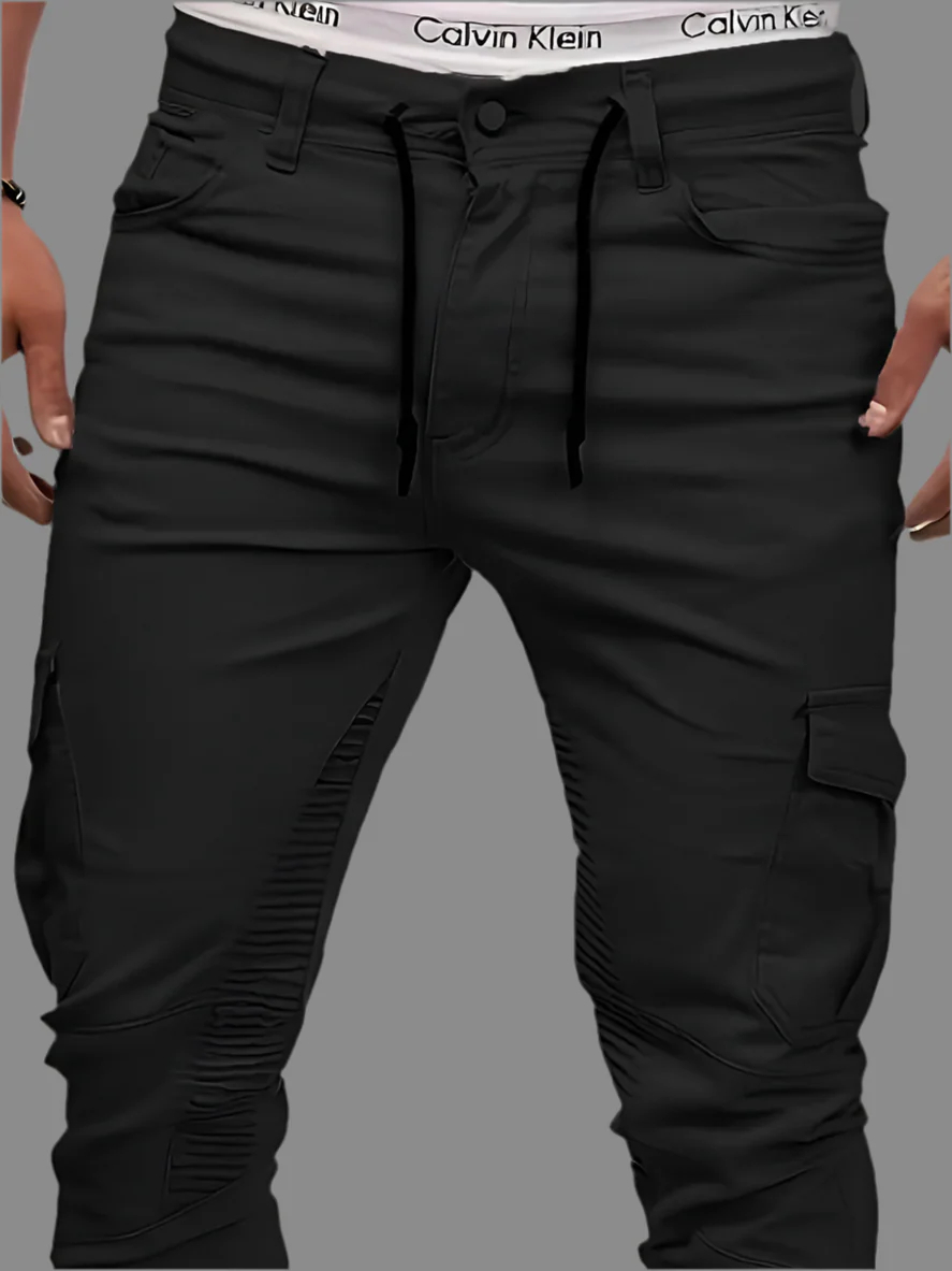 Men's Black Stretch Cargo Joggers — Flap & Zip Pockets, Cuffed Hem, view 3