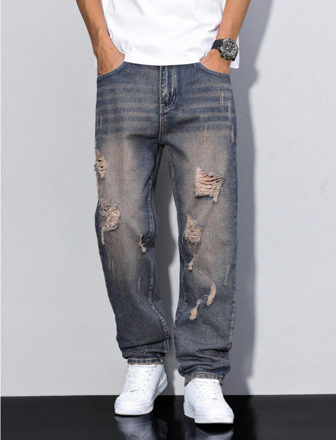 Men's Distressed Relaxed Straight Jeans in Faded Vintage Blue, view 2