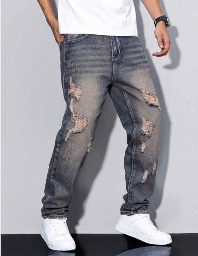 Men's Distressed Relaxed Straight Jeans in Faded Vintage Blue, view 3